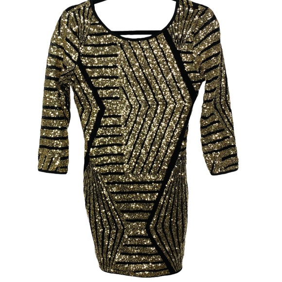 A’gaci Black and Gold Long Sleeve Cocktail Sequin Mini Dress Women’s Size Medium - Picture 1 of 7